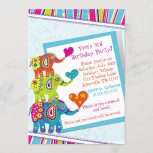 Colorful Elephant Birthday Invitation Kaart