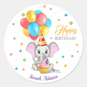 Colorful Elephant Cartoon Kids Birthday Classic Ro Ronde Sticker