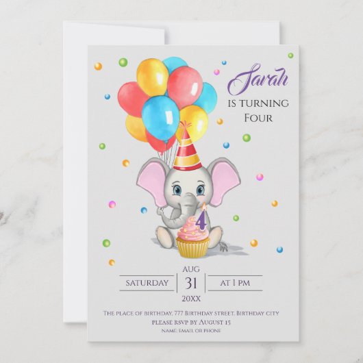 Colorful Elephant Cartoon Kids Birthday Uitnodigin Kaart (Voorkant)