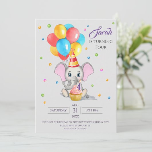 Colorful Elephant Cartoon Kids Birthday Uitnodigin Kaart (Staand voorkant)