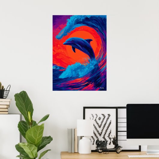 Colorful Expressionist Dolphin Wave Wall Art Poster (Thuiskantoor)