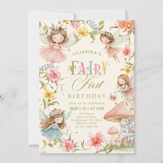 Colorful Fairy First Birthday Enchanted garden Kaart (Voorkant)
