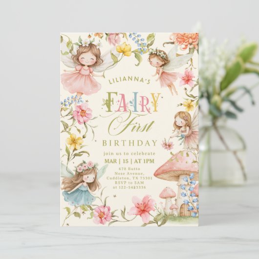Colorful Fairy First Birthday Enchanted garden Kaart (Staand voorkant)