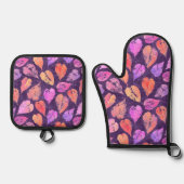 Colorful Fall Leaves On Purple Pattern Ovenwant & Pannenlap Set (Voorkant)