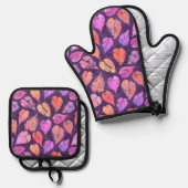 Colorful Fall Leaves On Purple Pattern Ovenwant & Pannenlap Set (Voorkant / Achterkant)