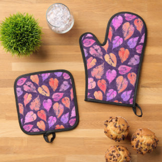 Colorful Fall Leaves On Purple Pattern Ovenwant & Pannenlap Set