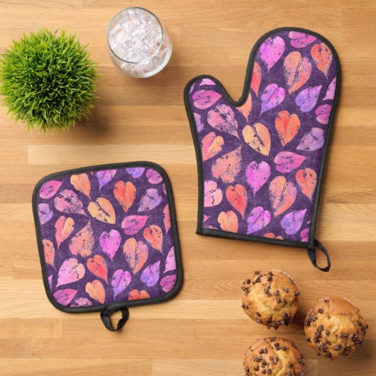 Colorful Fall Leaves On Purple Pattern Ovenwant & Pannenlap Set (Top down)