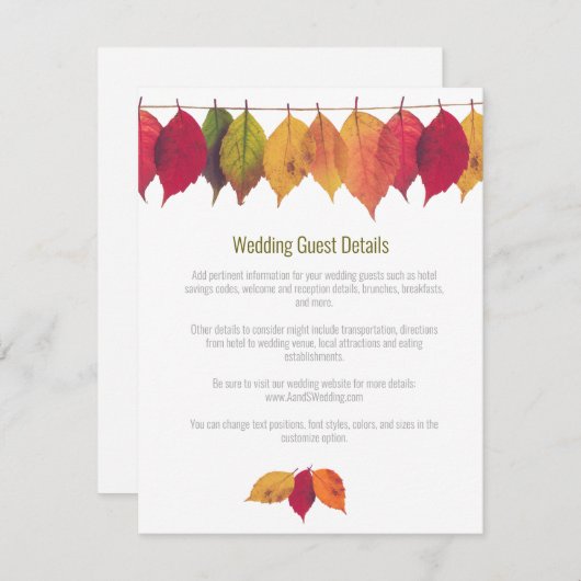 Colorful Fall Leaves Weddenschap Details Informatiekaartje (Voorkant / Achterkant)