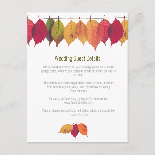 Colorful Fall Leaves Weddenschap Details Informatiekaartje (Voorkant)