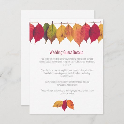 Colorful Fall Leaves Weddenschap Details Informatiekaartje (Voorkant / Achterkant)