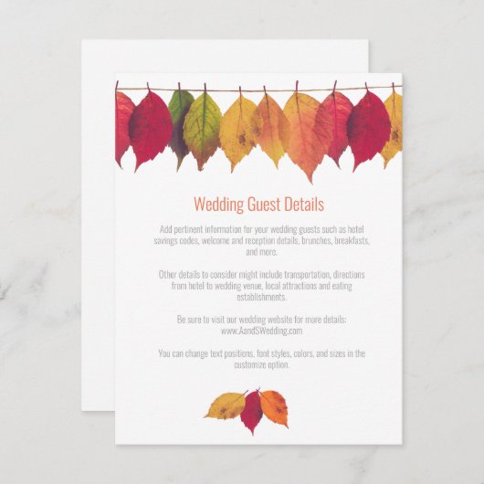 Colorful Fall Leaves Weddenschap Details Informatiekaartje (Voorkant / Achterkant)