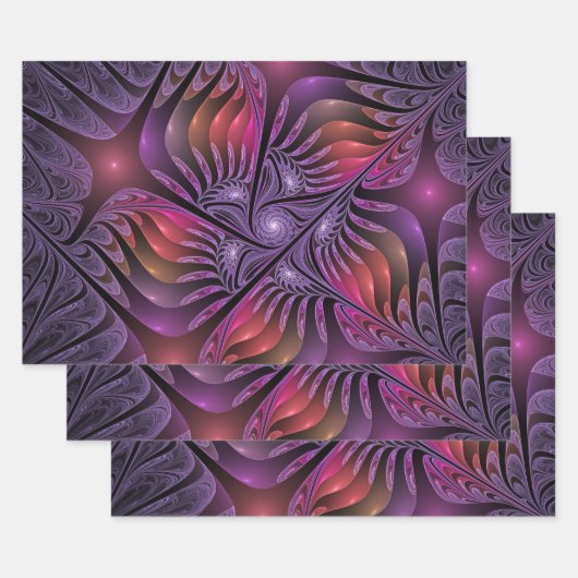 Colorful Fantasy Abstract Modern Paars Fractal Inpakpapier Vel (Set)