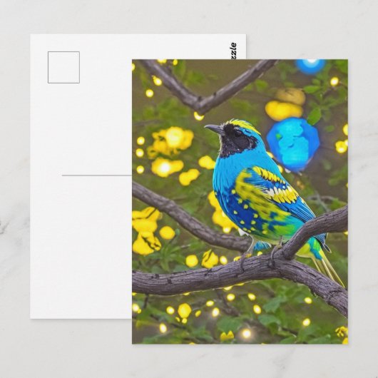 Colorful Fantasy Blue and Yellow Bird Briefkaart (Voorkant / Achterkant)