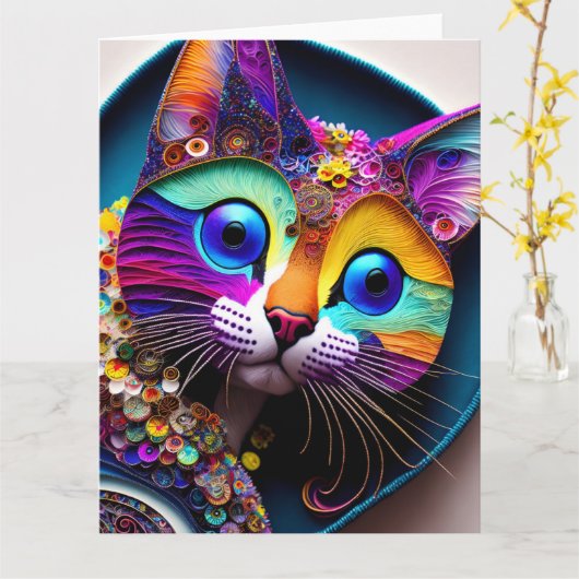 Colorful Fantasy Cat All Occasions Greep Kaart (Gele Bloem)