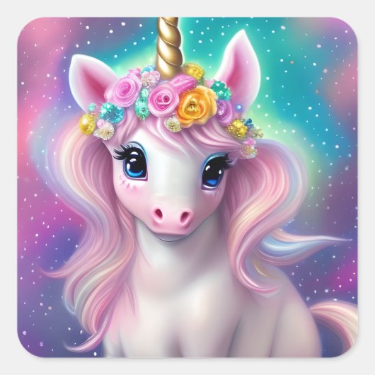 Colorful Fantasy Kawaii Unicorn Vierkante Sticker (Voorkant)