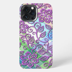 Colorful Faux Pink Glitter Floral Art Patroon iPhone 13 Pro Max Hoesje