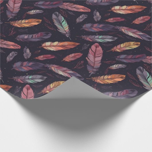 Colorful Feather Pattern on Black Background Cadeaupapier (Hoek)