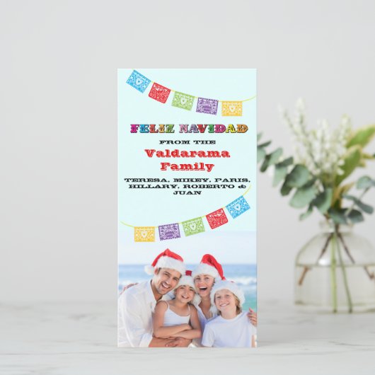 Colorful Feliz Navidad-fotokaart met banners Feestdagenkaart (Staand voorkant)