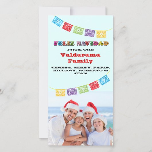 Colorful Feliz Navidad-fotokaart met banners Feestdagenkaart (Voorkant)