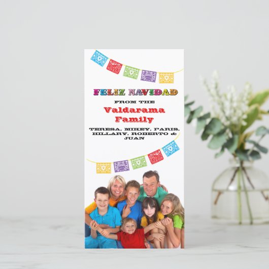 Colorful Feliz Navidad-fotokaart met banners Feestdagenkaart (Staand voorkant)