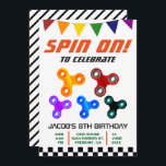 Colorful Fidget Spinner Kids Birthday Party Invite Kaart<br><div class="desc">Nodig uw gasten uit met deze kleurrijke uitnodiging van het verjaardagsfeest met coole, fidget spinners met moderne typografie tegen een witte achtergrond. Voeg eenvoudig uw gebeurtenisdetails op deze makkelijk te gebruiken sjabloon toe om het één-van-een-soort uitnodiging te maken. Draai de kaart om een elegant zwart-wit streekpatroon op de achterkant van...</div>