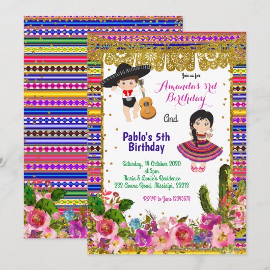 Colorful Fiesta boy, meisjesverjaardagsuitnodiging Kaart (Voorkant / Achterkant)