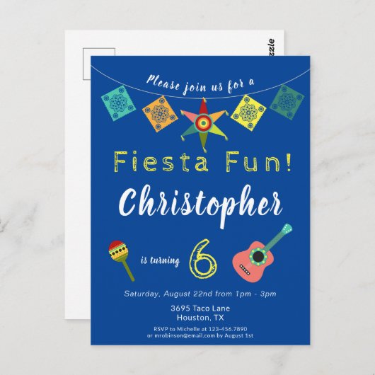 Colorful Fiesta Boys Birthday Party Invitation Briefkaart (Voorkant / Achterkant)