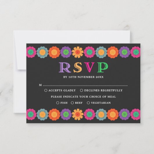 Colorful Fiesta Mexican Flowers Wedding RSVP Kaart (Voorkant)