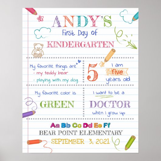 Colorful First Day of Kindergarten Sign Poster (Voorkant)