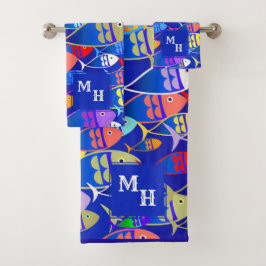 Colorful Fish Art Deco Custom Text Monogram Bad Handdoek