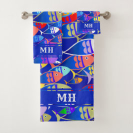 Colorful Fish Art Deco Custom Text Monogram Bad Handdoek