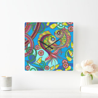 Colorful Fish & Floral Wall Clock Vierkante Klok