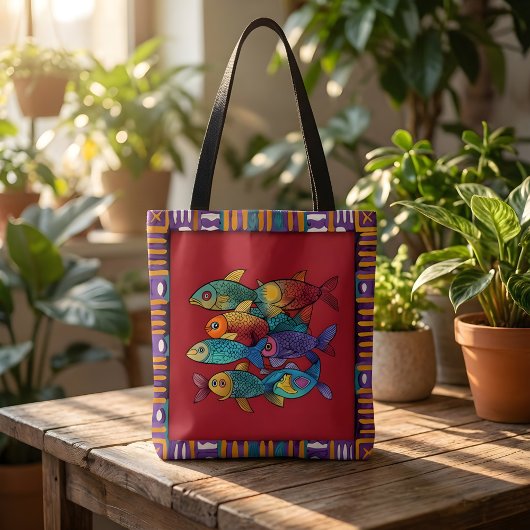 Colorful Fish Tote Bag with Vibrant Art and Tribal