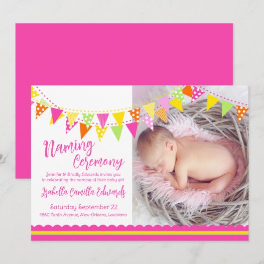 Colorful flags meiden baby naming nodigen kaart (Voorkant / Achterkant)