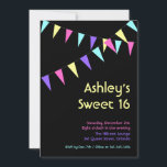 Colorful Flags Sweet 16 Uitnodiging<br><div class="desc">Meerdere strengen kleurrijke vlaggen en dansclubstijl maken deze uitnodiging tot pop,  voor een Sweet 16. Deze uitnodiging kan gemakkelijk worden aangepast voor een achttiende verjaardag,  21ste verjaardag of een andere leeftijd.</div>