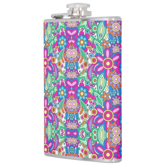 Colorful flask with vibrant, symmetrical floral  heupfles (Links)