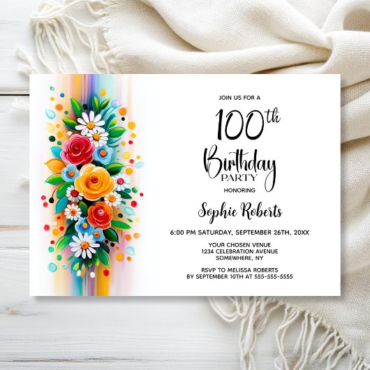 Colorful Floral 100th Birthday Party Kaart
