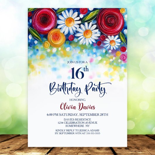 Colorful Floral 16th Birthday Party Kaart