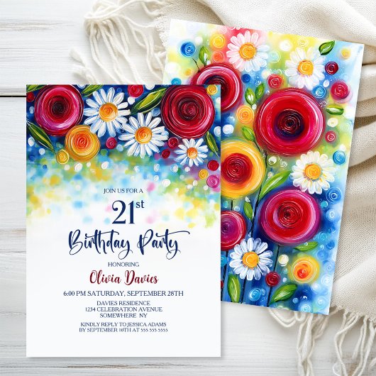 Colorful Floral 21st Birthday Party Kaart