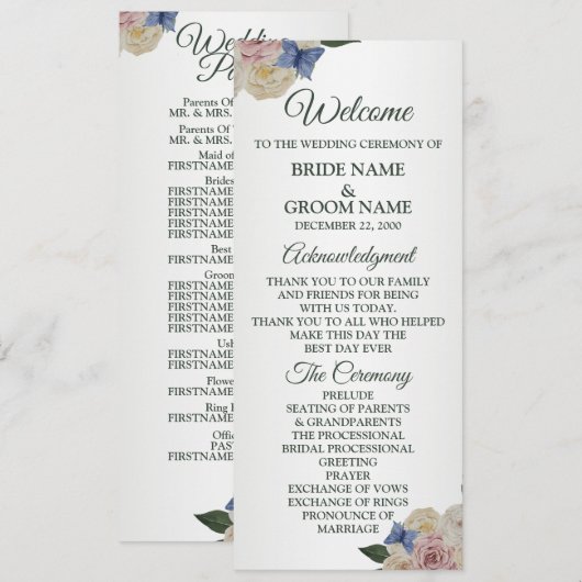 Colorful Floral Blue Butterfly Green Wedding  Programmakaart (Voorkant / Achterkant)