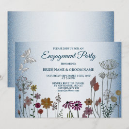 Colorful Floral Blue Glitter Engagement Party Kaart