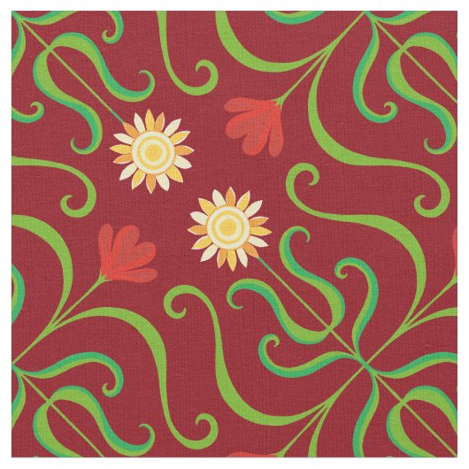 Colorful Floral Damask Sunflower Pattern Cute Folk Stof (Close Up)