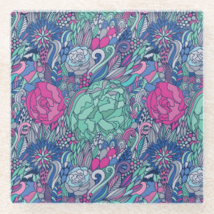 Colorful Floral Doodle Pattern Glazen Onderzetter