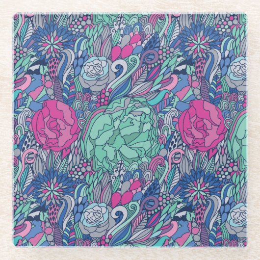 Colorful Floral Doodle Pattern Glazen Onderzetter (Voorkant)