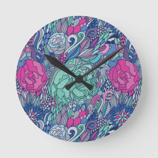 Colorful Floral Doodle Pattern Ronde Klok (Voorkant)