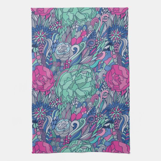 Colorful Floral Doodle Pattern Theedoek (Verticaal)