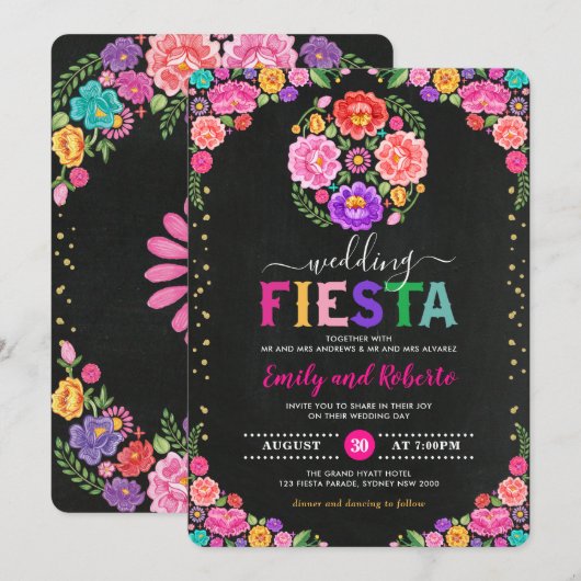 Colorful Floral Fiesta Mexican Chalkboard Wedding Kaart (Voorkant / Achterkant)
