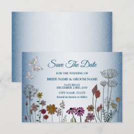 Colorful Floral Garden Shiny Blue Glitter Wedding Save The Date