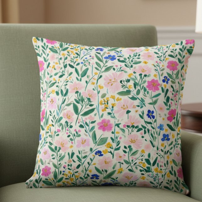 Colorful Floral Garden Throw Pillow Kussen (girly preppy colorful floral wildflower throw pillow)