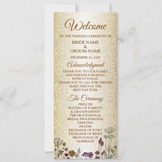 Colorful Floral Golden Glitter Wedding Programme (Voorkant)